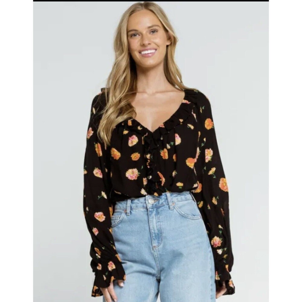 FREE PEOPLE‎ Poppy Printed Black Combo Bodysuit TOP SIZE M MEDIUM NEW